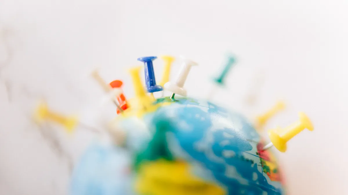 Globe covered with colorful push pins