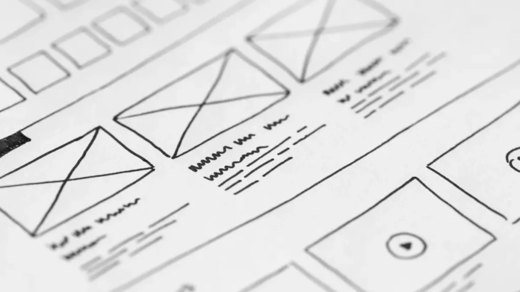 Website wireframe sketches on paper